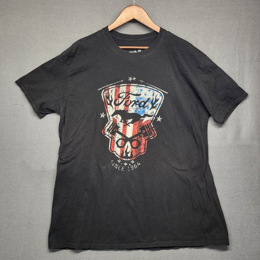 Ford T Shirt Mens XXL Black Tee Luv Mustang American Flag 100% Cotton